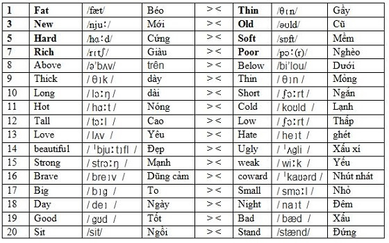 Chủ đề tiếng Anh về những cặp từ trái nghĩa
